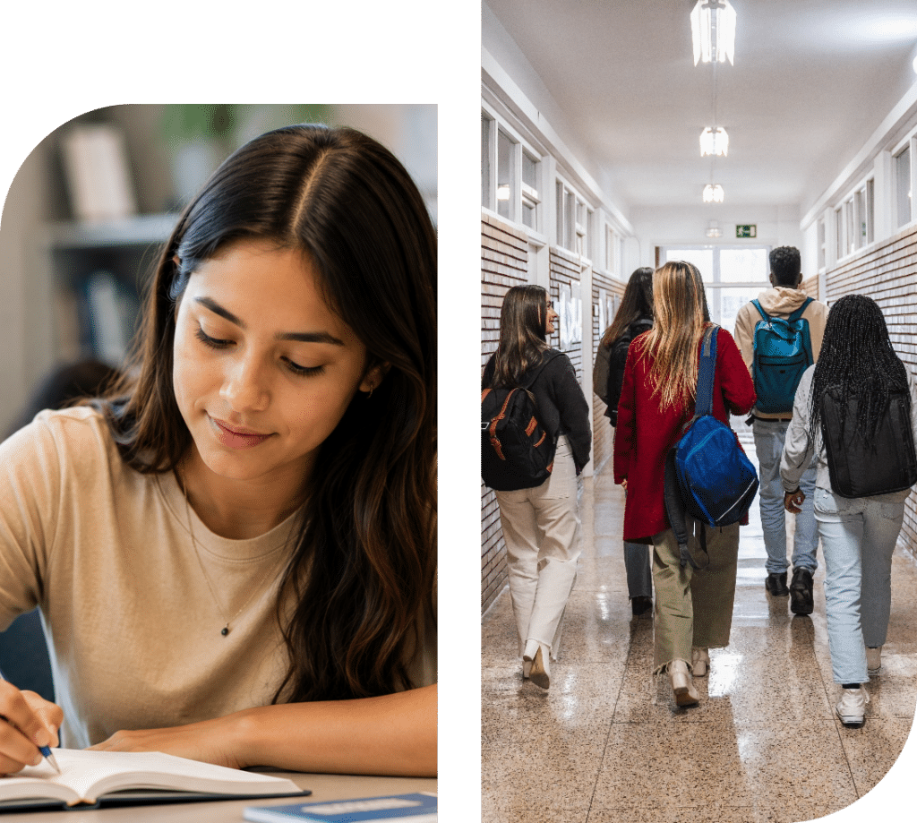Students in Hallway and Writing